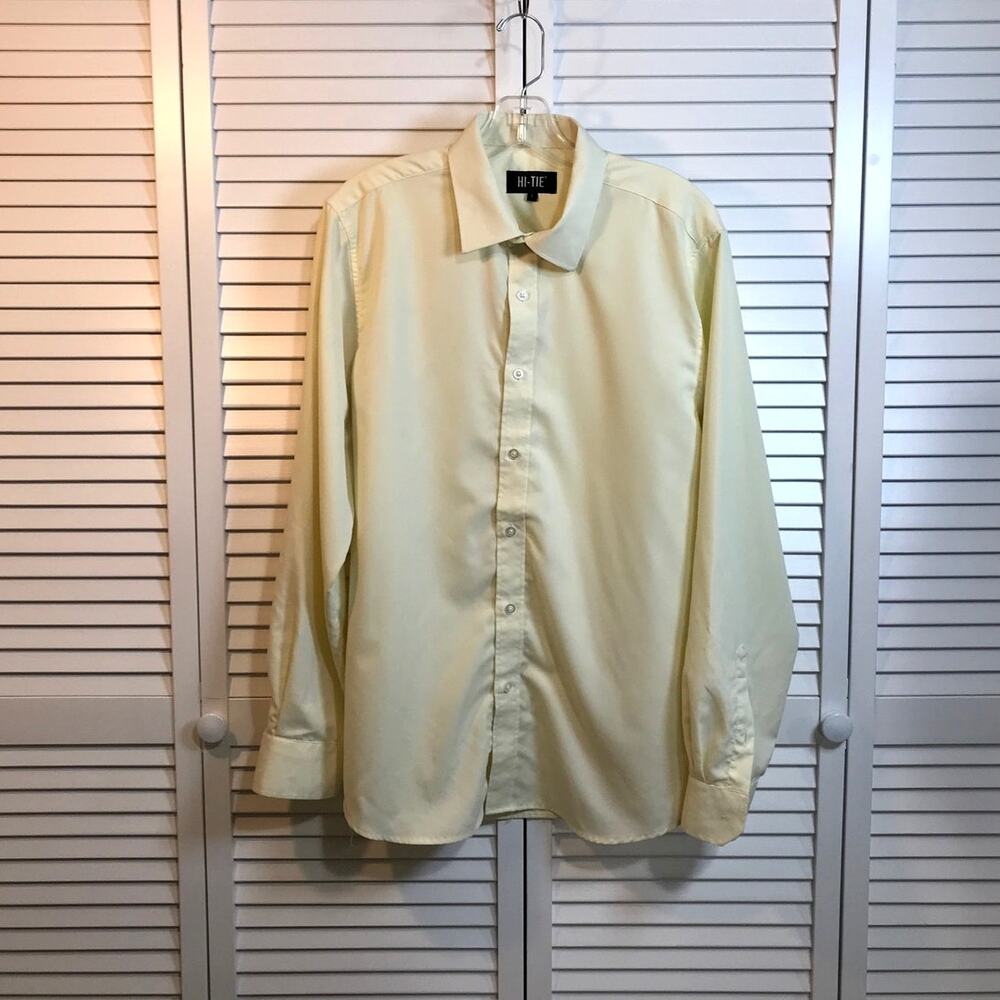 Hi-Tie Preppy Retro Soft Pale Yellow Long Sleeve Dress Shirt Mens L